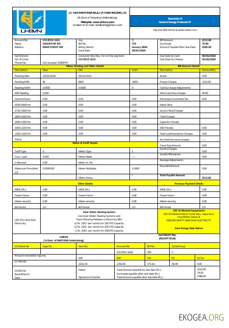 Inde Uttarakhand Power Corporation Facture de services publics pour les entreprises d'électricité Formats Word et PDF